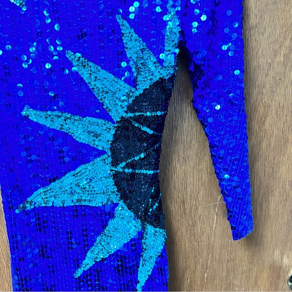 Vintage Long Sleeve Sequin Sunburst Mini Dress P Bodycon Blue Green - Picture 4 of 15